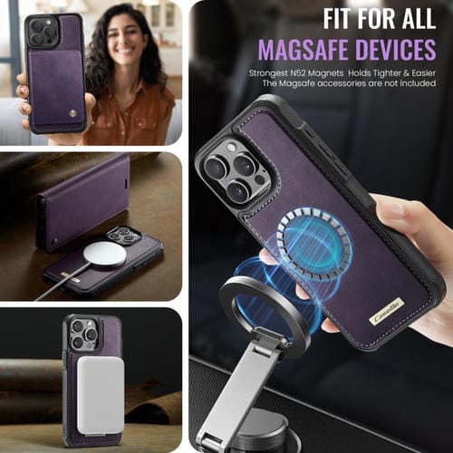 Funda de cuero desmontable CaseMe C49 con bloqueo RFID MagSafe para iPhone 14 Pro Max (morado)