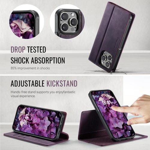 Funda de cuero desmontable CaseMe C49 con bloqueo RFID MagSafe para iPhone 14 Pro Max (morado)