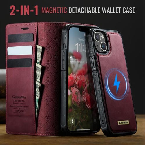 Funda de cuero desmontable CaseMe C49 con bloqueo RFID MagSafe para iPhone 13 (roja)