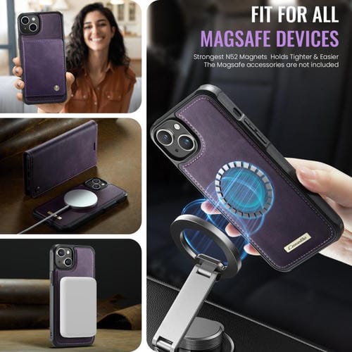 Funda de cuero desmontable CaseMe C49 con bloqueo RFID MagSafe para iPhone 13 (morado)