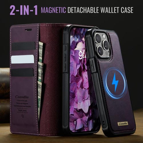 Funda de cuero desmontable CaseMe C49 con bloqueo RFID MagSafe para iPhone 12/12 Pro (morado)