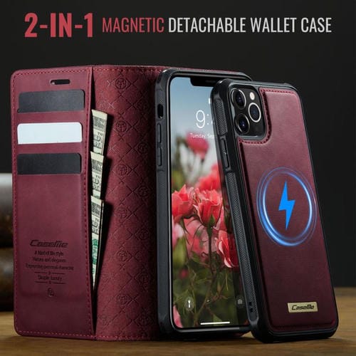 Funda de cuero desmontable CaseMe C49 con bloqueo RFID MagSafe para iPhone 11 Pro (roja)