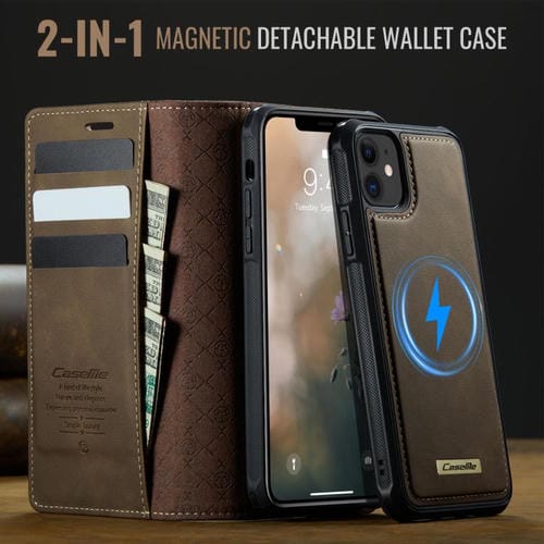 Funda de cuero desmontable CaseMe C49 con bloqueo RFID MagSafe para iPhone 11 (café)