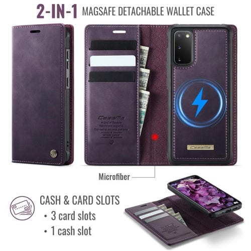 Funda de cuero desmontable con bloqueo RFID magnético CaseMe C49 para Samsung Galaxy S20 (morado)