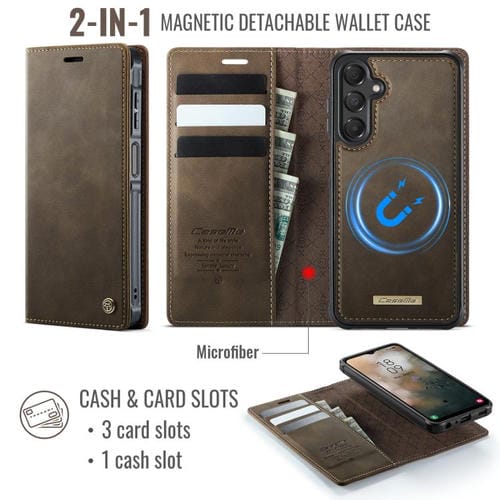 Funda de cuero desmontable con bloqueo RFID magnético para Samsung Galaxy A14 5G / M44 CaseMe C49 (café)