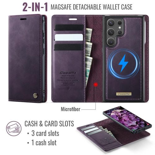 Funda de cuero desmontable con bloqueo RFID magnético para Samsung Galaxy S22 Ultra 5G CaseMe C49 (morado)