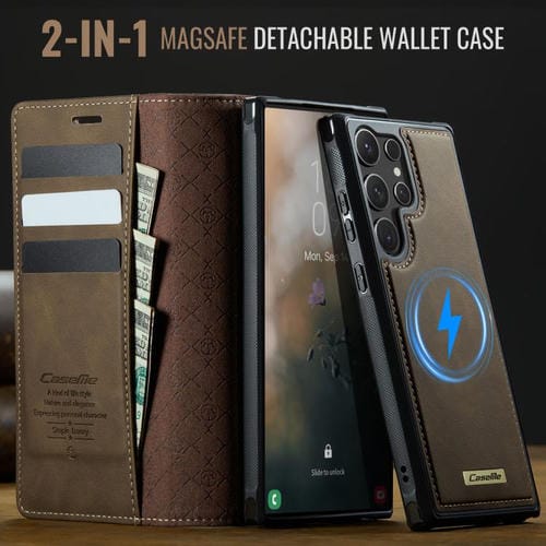 Funda de cuero desmontable con bloqueo RFID magnético para Samsung Galaxy S25 Ultra 5G CaseMe C49 (café)