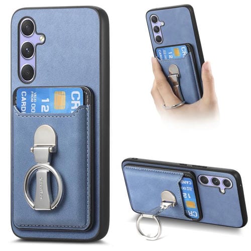 Funda retro plegable con anillo y tarjetero MagSafe para Samsung Galaxy A14 4G/5G (azul)