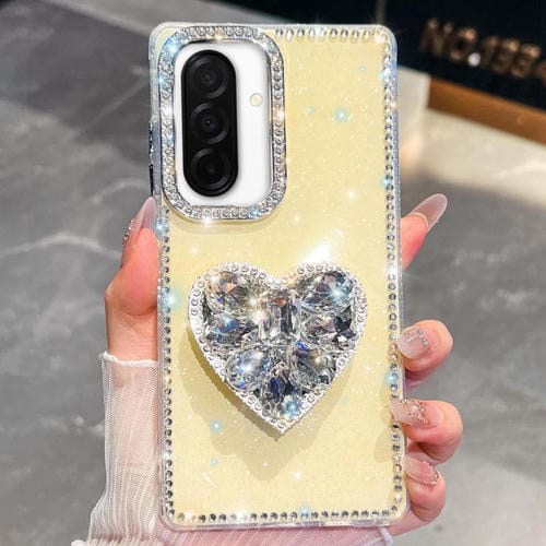 Funda para Samsung Galaxy A26 5G con diseño de corazón, piedras preciosas y diamantes brillantes (amarillo claro)