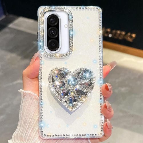 Funda para Samsung Galaxy A36 5G con diseño de corazón, piedras preciosas y brillo de diamantes (blanca)