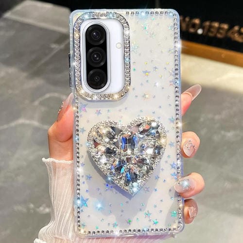 Funda para Samsung Galaxy A36 5G con purpurina de diamantes y piedras preciosas en forma de corazón (estrellas transparentes)