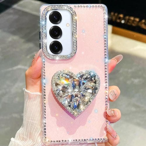 Funda para Samsung Galaxy S25 5G con diseño de corazón, piedras preciosas y brillo de diamantes (rosa claro)