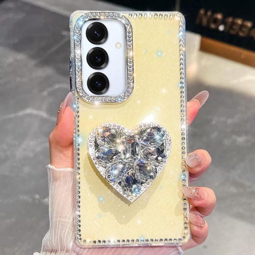 Funda para Samsung Galaxy S25+ 5G con diseño de corazón, piedras preciosas y brillo de diamantes (amarillo claro)
