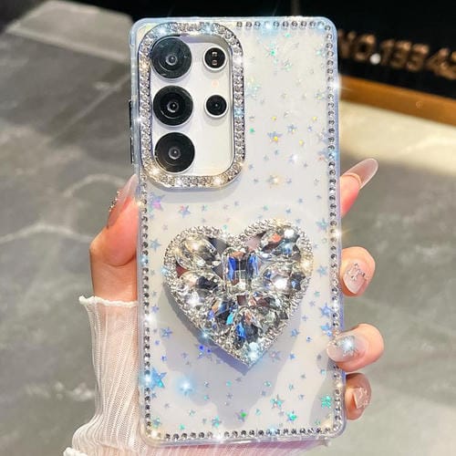 Funda para Samsung Galaxy S25 Ultra 5G con purpurina de diamantes y piedras preciosas en forma de corazón (estrellas transparentes)