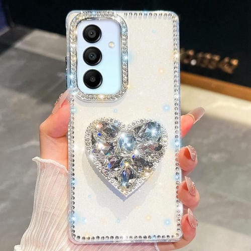 Funda para Samsung Galaxy A15 5G con diseño de corazón, piedras preciosas y brillo de diamantes (blanca)