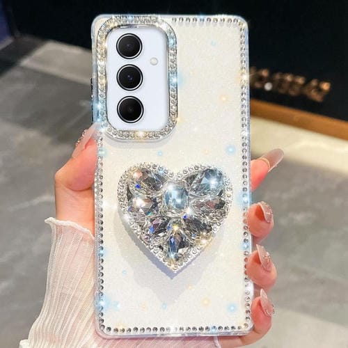 Funda para Samsung Galaxy A55 5G con diseño de corazón, piedras preciosas y brillo de diamantes (blanca)
