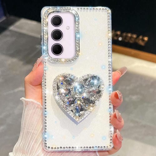 Funda para Samsung Galaxy A35 5G con diseño de corazón, piedras preciosas y brillo de diamantes (blanca)