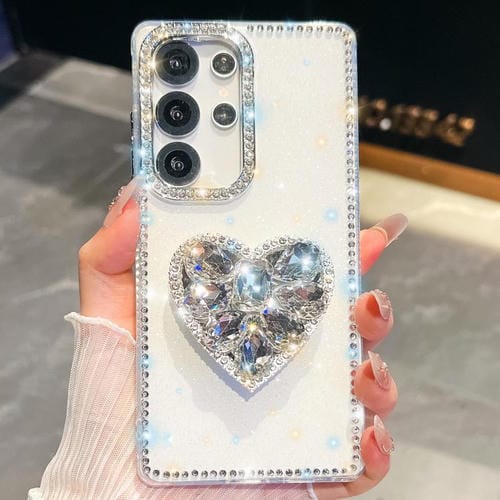 Funda para Samsung Galaxy S24 Ultra 5G con diseño de corazón, piedras preciosas y brillo de diamantes (blanca)