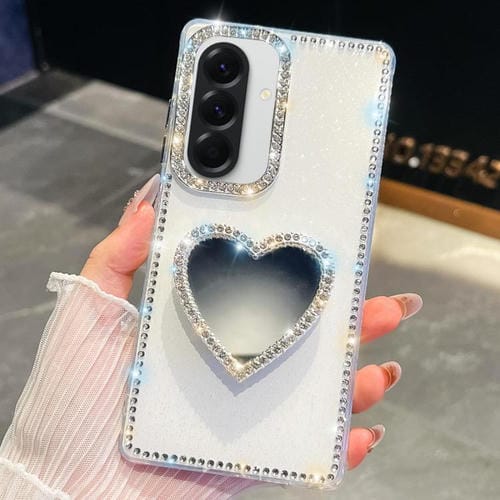 Funda con forma de corazón y espejo con purpurina de diamante para Samsung Galaxy A36 5G (blanca)