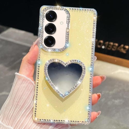 Funda para Samsung Galaxy S25 5G con purpurina y espejo, con forma de corazón (amarillo claro)