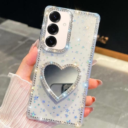 Funda para Samsung Galaxy S25+ 5G con purpurina de diamante y espejo con forma de corazón (estrellas transparentes)