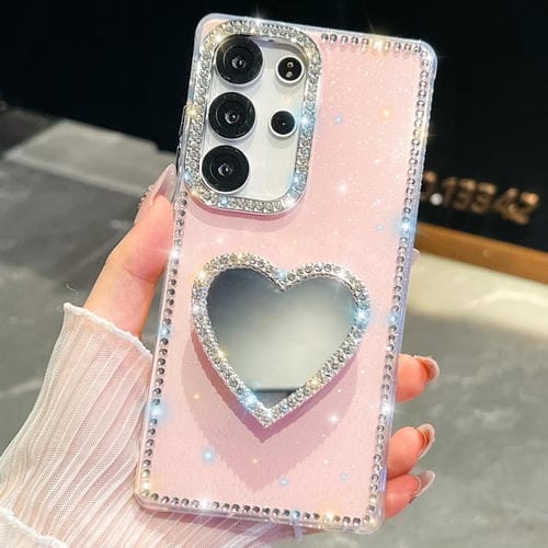 Funda para Samsung Galaxy S25 Ultra 5G con purpurina y espejo en forma de corazón (rosa claro)