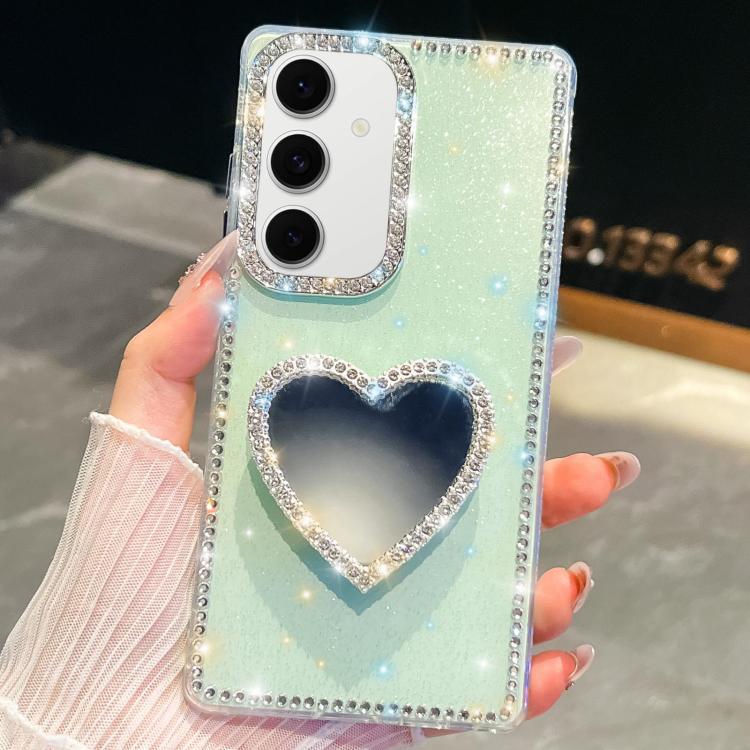 Funda para Samsung Galaxy S24 FE 5G con purpurina y espejo con forma de corazón (verde claro)