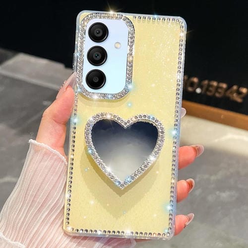 Funda con forma de corazón y espejo con purpurina de diamante para Samsung Galaxy A15 5G (amarillo claro)