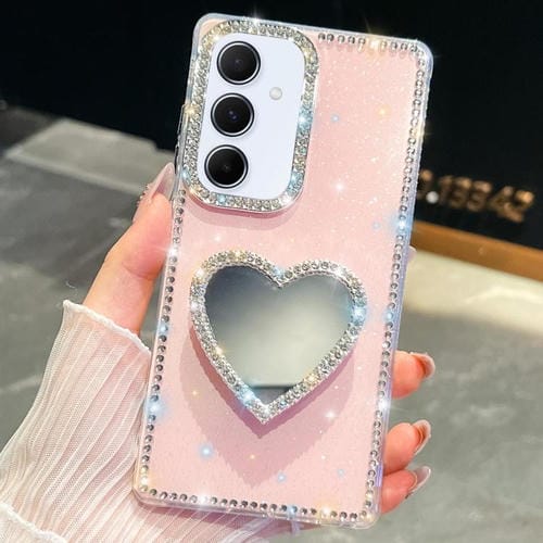Funda con forma de corazón y espejo con purpurina de diamante para Samsung Galaxy A35 5G (rosa claro)