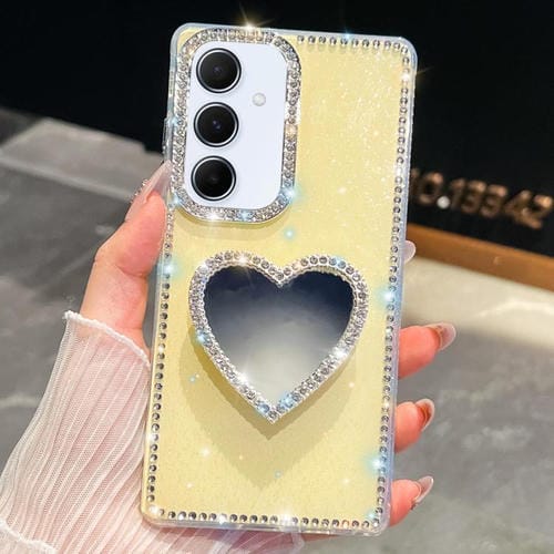 Funda con forma de corazón y espejo con purpurina de diamante para Samsung Galaxy A35 5G (amarillo claro)