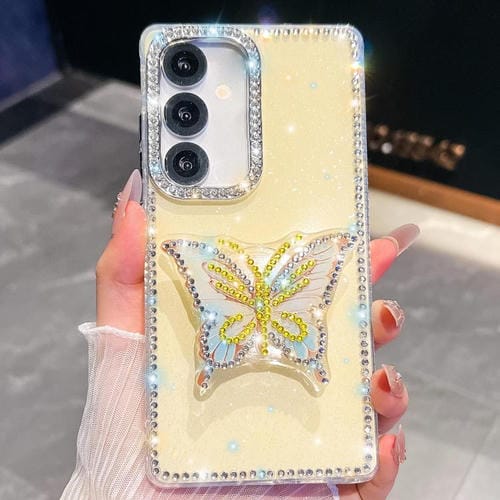 Funda con soporte para Samsung Galaxy S25 5G, diseño de mariposa y diamantes (amarillo claro)