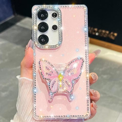 Funda con soporte para Samsung Galaxy S25 Ultra 5G, diseño de mariposa con purpurina y diamantes (rosa claro)