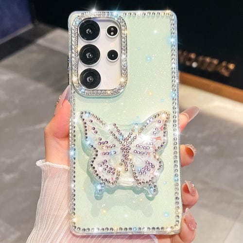 Funda con soporte para Samsung Galaxy S25 Ultra 5G, diseño de mariposa con purpurina y diamantes (verde claro)