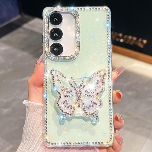 Funda con soporte para Samsung Galaxy S24 FE 5G, diseño de mariposa y diamantes (verde claro)