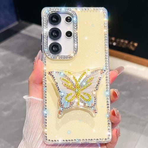 Funda con soporte para Samsung Galaxy S24 Ultra 5G, diseño de mariposa con purpurina y diamantes (amarillo claro)