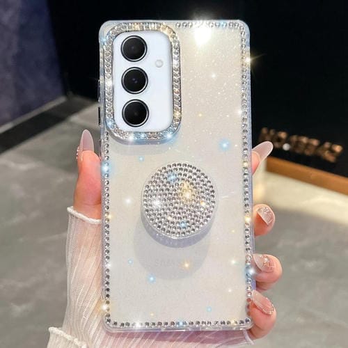 Funda para Samsung Galaxy A56 5G con purpurina y diamantes redondos (transparente)