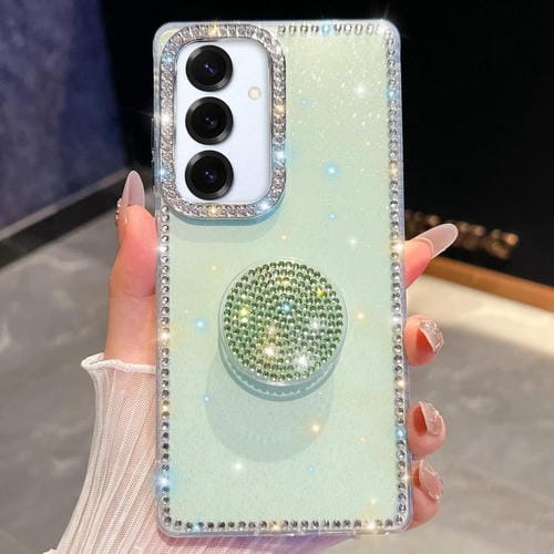 Funda con soporte redondo y purpurina de diamante para Samsung Galaxy S25+ 5G (verde claro)