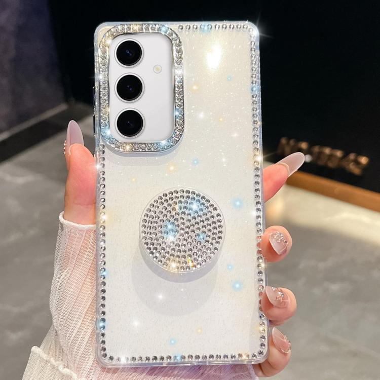 Funda con soporte redondo y purpurina de diamante para Samsung Galaxy S24 FE 5G (blanca)