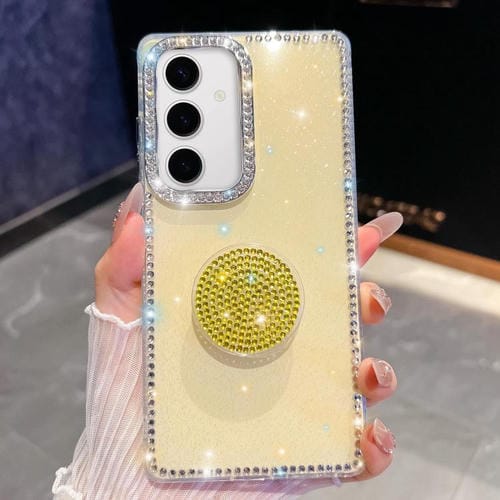 Funda para Samsung Galaxy S24 5G con purpurina y diamantes redondos (amarillo claro)