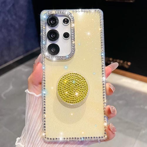Funda con soporte redondo y purpurina de diamante para Samsung Galaxy S23 Ultra 5G (amarillo claro)