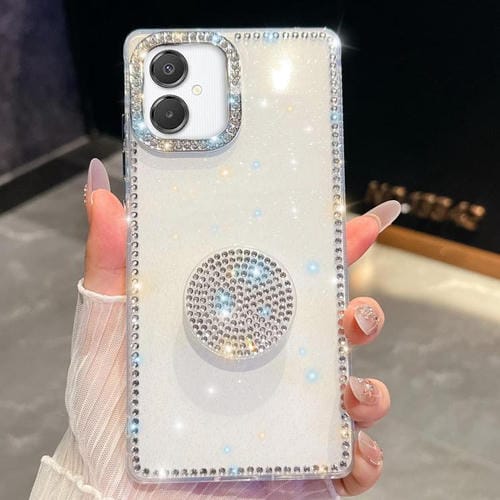 Funda con soporte redondo y purpurina de diamante para Samsung Galaxy A07 5G (blanca)