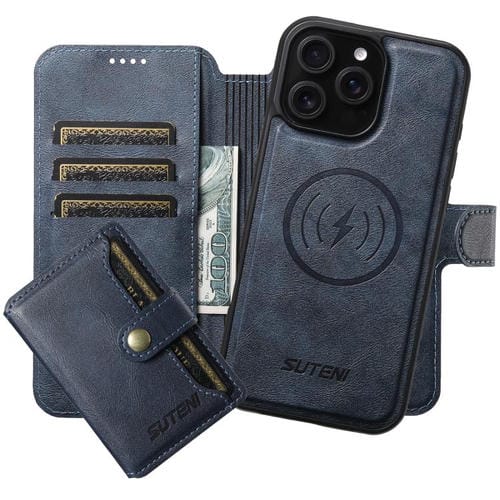 Funda de cuero Suteni Q05S1 3 en 1 con función de billetera desmontable y MagSafe para iPhone 13 Pro (azul)