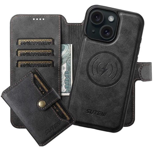 Funda de cuero Suteni Q05S1 3 en 1 con función de billetera desmontable y MagSafe para iPhone 15 (negra)