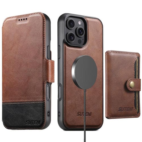 Funda de cuero Suteni Q06S1 3 en 1 con cierre magnético y billetera desmontable para iPhone 16 Pro Max (marrón)