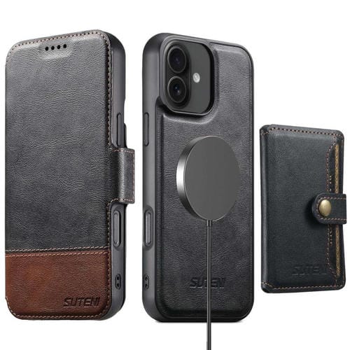 Funda de cuero Suteni Q06S1 3 en 1 con función de billetera desmontable y MagSafe para iPhone 16 (negra)