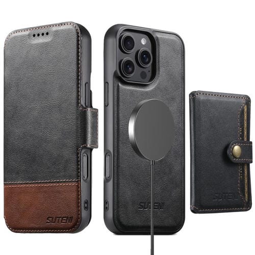 Funda de cuero Suteni Q06S1 3 en 1 con cierre magnético y billetera desmontable para iPhone 14 Pro Max (negro)