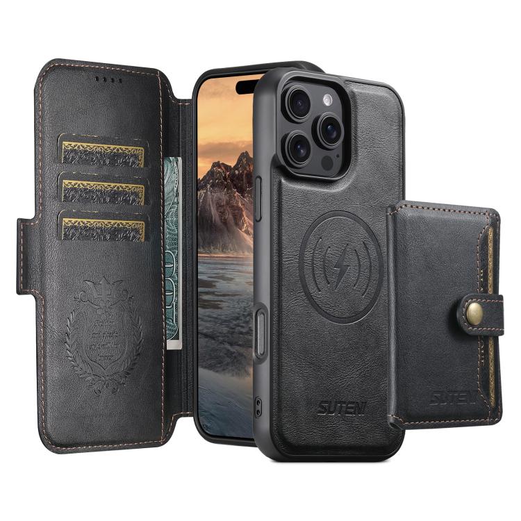 Funda de cuero Suteni Q06S1 3 en 1 con cierre magnético y desmontable para iPhone 13 Pro (negro)