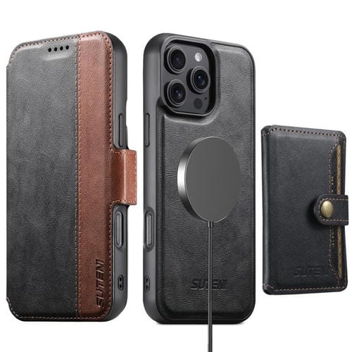 Funda de cuero Suteni Q07S1 3 en 1 con cierre magnético y billetera desmontable para iPhone 16 Pro Max (negro)