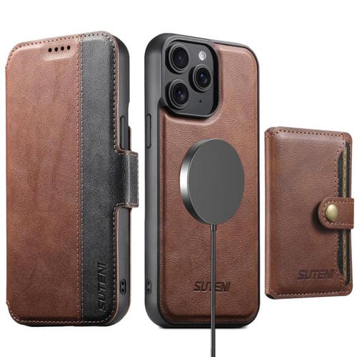 Funda de cuero Suteni Q07S1 3 en 1 con cierre magnético y billetera desmontable para iPhone 12 Pro Max (marrón)