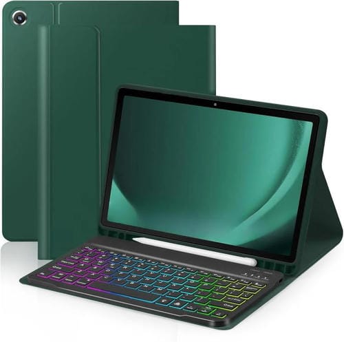 Funda protectora de cuero con teclado Bluetooth retroiluminado y colorido para iPad Air 11 2024 (verde noche oscuro)